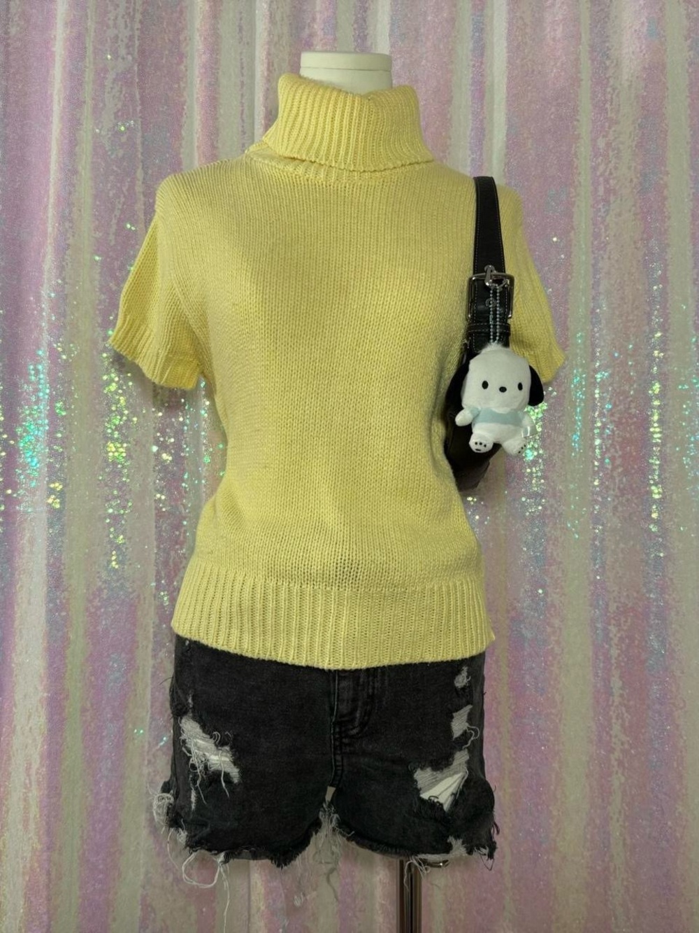 Coolwear Light Yellow Short Sleeve Knit Turtleneck Sweater Top ★彡